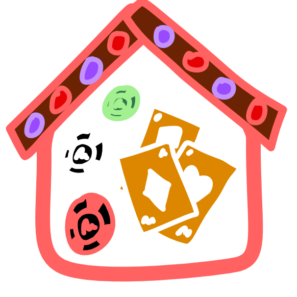 3 checkered gambling chips, one red and black, another black and white, the third green and black, sit inside a house-shaped frame, next to a messy stack of 3 yellow and white playing cards. The frame is red with a brown roof. The roof has 4 circles on each side representing lights. They are red and purple. The image has light line art.